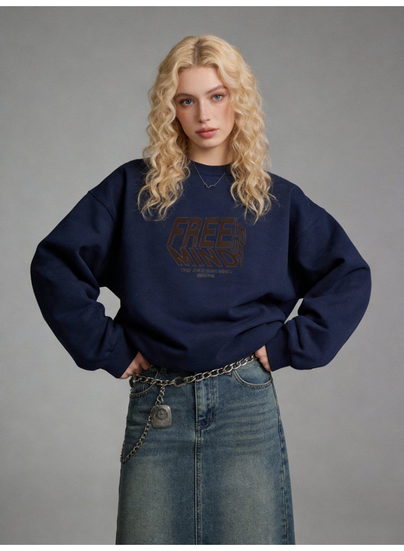 بيإم إنس BM INS Navy Blue "FREE YOUR MIND" Deconstructed Letter Oversized Crew Neck Sweatshirt | Unisex Streetwear Pullover With Slogan Print - Image 5